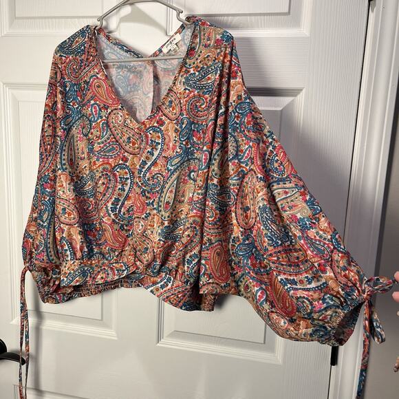 Umgee Womens Large Paisley Print Puff Dolman Sleeve Boho Blouse Top - Picture 4 of 10